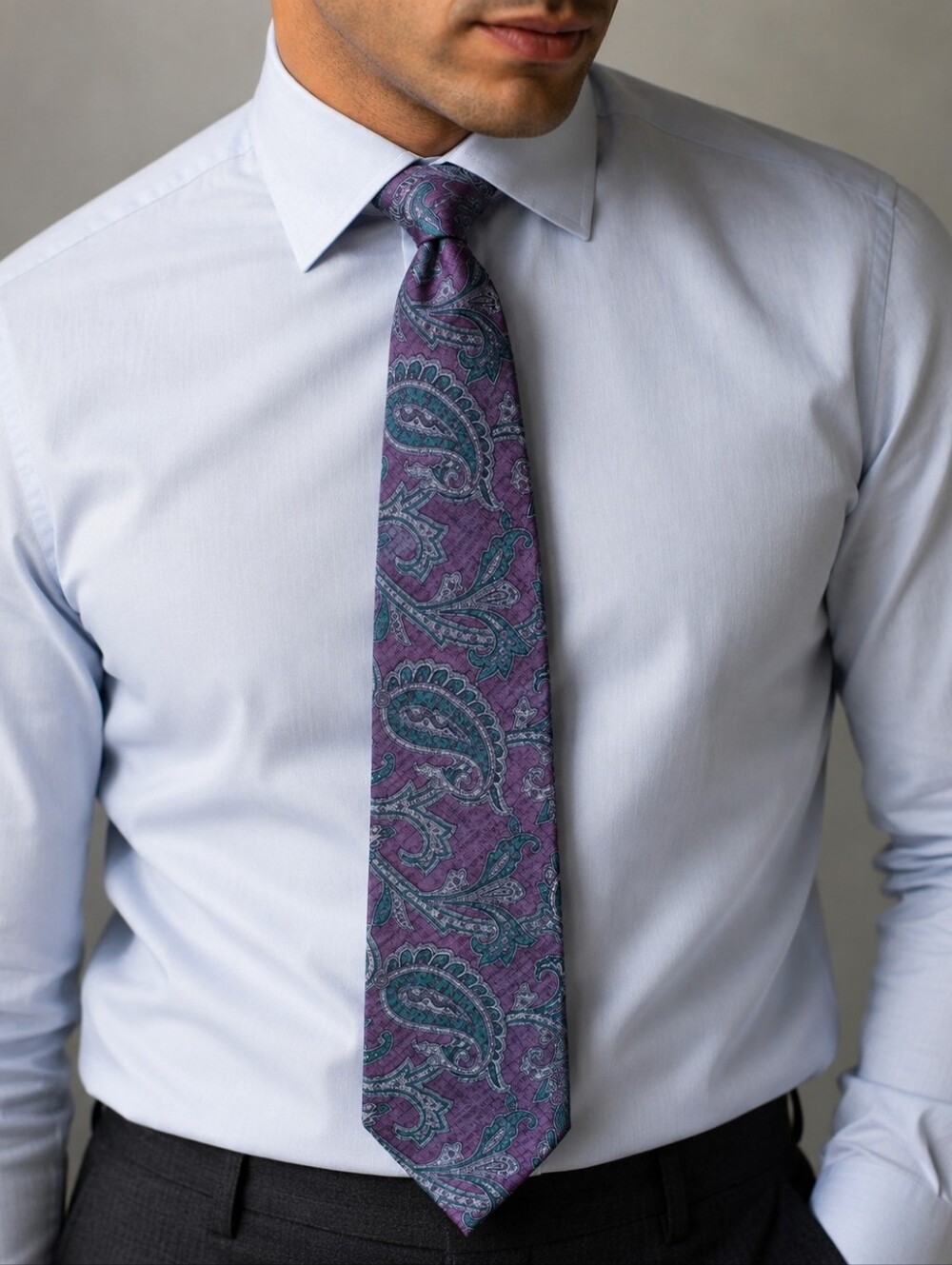 Oscar De La Renta Couture Purple Teal Silk Paisley Neck Tie